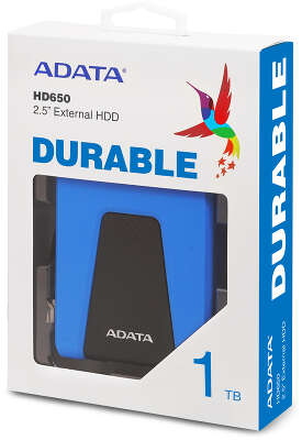 Внешний жесткий диск/ Portable HDD 1TB ADATA HD650 (Blue), Silicone, USB 3.2 Gen1, 121x81x21mm, 201g /3 года/