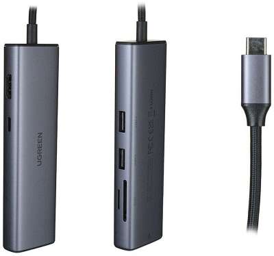 Конвертер UGREEN CM512 (90568) 7-in-1 USB-C to 2*USB3.0+HDMI+RJ45+SD&TF +PD Port Converter. Цвет: серый
