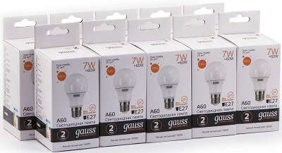 Лампа светодиодная Gauss Elementary 7Вт цок.:E27 груша 220B св.свеч.бел.теп. A60 (упак.:10шт) (23217A)
