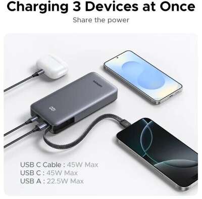Внешний аккумулятор UGREEN PB536 (55988B) 45W Power Bank 20000mAh with Built-in Cable. Цвет: серый космос