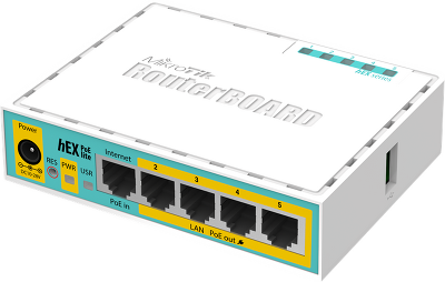 Маршрутизатор MikroTik hEX PoE lite with 650MHz CPU, 64MB RAM, 5xLAN (four with PoE out), USB, RouterOS L4, plastic case and PSU