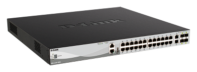 Коммутатор D-Link PROJ Управляемый L3 стекируемый PoE-коммутатор, 24x1000Base-T PoE, 2x10GBase-T, 4x10GBase-X SFP+, PoE-бюджет 370 Вт (740 Вт с DPS-700), защита от статического электричества до
