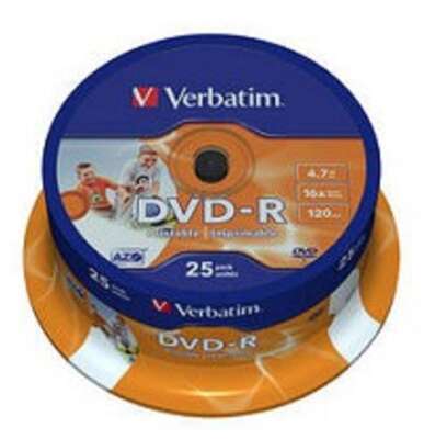 Verbatim  Диск DVD-R  4,7Gb 16x Cake Box Printable (25шт) (43538)