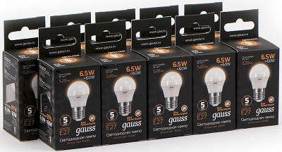 Лампа светодиодная Gauss Black 6.5Вт цок.:E27 шар 220B св.свеч.бел.теп. G45 (упак.:10шт) (105102107)