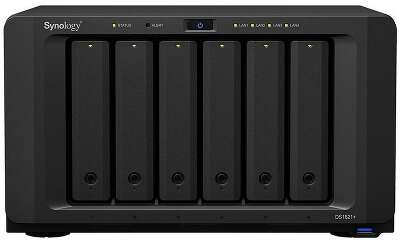 Сетевое хранилище Synology DiskStation DS1621+ black (AMD V1500B/4Gb/6 pcs (3.5" or 2.5" SATA, 16Tb max)/RAID/4x1Gb/no WIFI) (DS1621+)