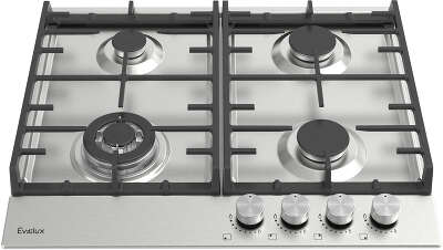 Варочная панель газовая, 60 см, 4 конфорки: экономичная конфорка (0,9 кВт), 2 стандартных конфорки (2х1,7 кВт), ВОК конфорка (2,5 кВт), газ-контроль, электроподжиг, нержавеющая сталь, чугунные решетки, поворотные переключатели, комплект форсунок-переходни