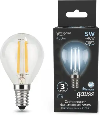 Лампа филам. Gauss Filament 5Вт цок.:E14 свеча 220B св.свеч.бел.нейт. (упак.:10шт) (105801205)