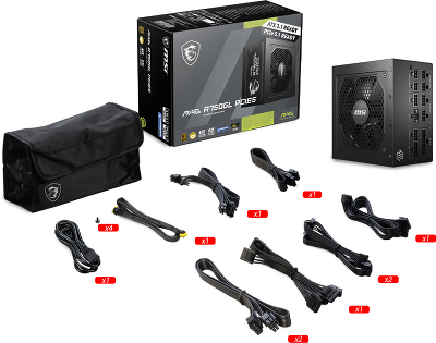 Блок питания ПК/ Power Supply MSI MAG A750GL PCIE5, 750W 80+ Gold (ATX, 3.1, PCIe 5.1, Full modular, 1x24(20+4)pin, 2xCPU 8(4+4)pin, 3xPCIe*2 8(6+2)pin, 1x12VHPWR, 8xSATA3, 4xMOLEX4pin, Active, 120x120mm, 140x150x86mm, APFC, black)