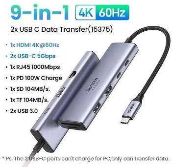 Конвертер UGREEN CM498 (15375) 9-in-1 USB-C to 2*USB3.0+2*USB-C+HDMI+RJ45+SD&TF +PD port Converter. Цвет:серый
