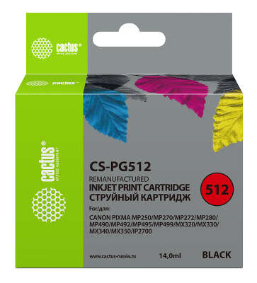 Картридж струйный Cactus CS-PG512 PG-512 черный (15мл) для Canon Pixma iP2700/MP240/MP250/MP260/MP270/MP272/MP280/MP480/MP490/MP492/MP495/MX320/MX330/MX340/MX350 с чипом