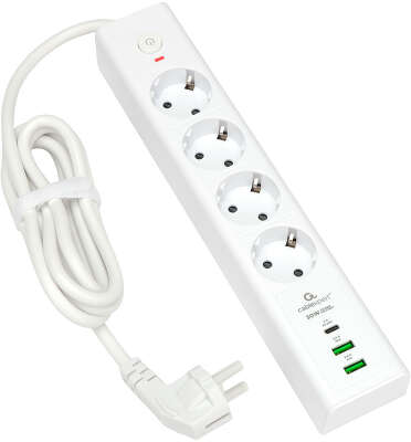 Сетевой фильтр Cablexpert Exnovo EXN-4-CU2-W-2 белый, Макс мощность 2500Вт, 3 розетки 220В, 10А, 2 розетки USB-A 5В, 1 розетка USB-C 30Вт PD, кабель 2м, ур.защиты 4+, коробка
