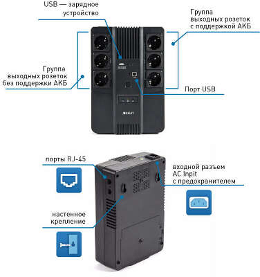 ИБП БАСТИОН SKAT-UPS 600 AI, 600 VA, 360 Вт, EURO, черный