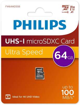 Флеш карта microSD 64GB PHILIPS High Speed  microSDHC Class UHS-I U3, V30, A1, 100MB/s