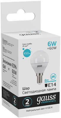 Лампа светодиодная Gauss Elementary 6Вт цок.:E14 шар 220B св.свеч.бел.нейт. (упак.:10шт) (53126)
