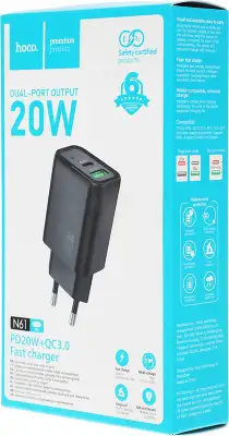Зарядное устройство Hoco 20Вт, 3А, QC3.0/PD, 1xUSB, 1xType-C, N61, черный, коробка