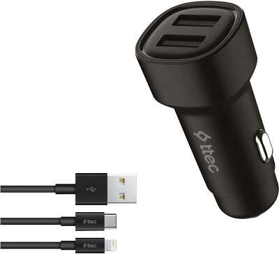 Автомобильное зарядное устройство USB-A c кабелями Lightning и USB-C. Цвет: черный