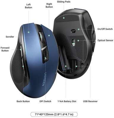 Беспроводная мышь UGREEN MU006 (25753) Ergonomic Wireless Mouse 4000DPI 2.4 GHz&BT. синий
