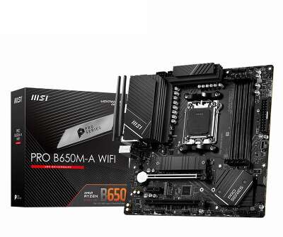 Материнская плата MSI PRO B650M-A WIFI B650, AM5, 4*DDR5, 2*PCIEx16, 1*PCIEx1, 2*M.2, 1*TypeC, 4*USB3.2Gen2, 6*USB3.2Gen1, 4*USB2.0, 4*SATA3.0, 2.5G, DP, HDMI, M-ATX, RTL