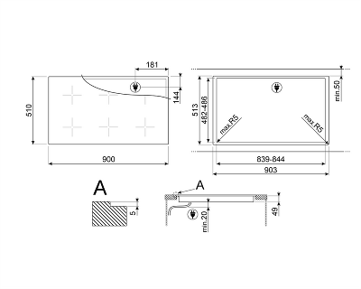 Встраиваемая электрическая панель SMEG/ Индукционная варочная панель, 90 см, Multizone, Ультранизкий профиль или вровень со столешницей, черный цвет