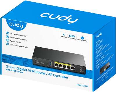 Маршрутизатор CUDY C200P 2-IN-1 SMB Router / AP Controller, 1 Gigabit Ethernet + 4 Gigabit PoE+ PSE Ports + 1 USB 3.0, PSE output up to 30Watts per port, support AP Management, Multi-SSID, Captive Portal, Zerotier/Wireguard/OpenVPN/IPSec/L2TP/PPTP VPN, DN