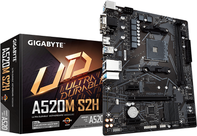 Мат. плата GIGABYTE A520M S2H, AM4, A520, 2*DDR4, 4*SATA, 1*M.2, 4*USB 3.2, 2*USB 2.0, 1*PCIx16, 2*PCIx1, D-Sub+HDMI+DVI, mATX