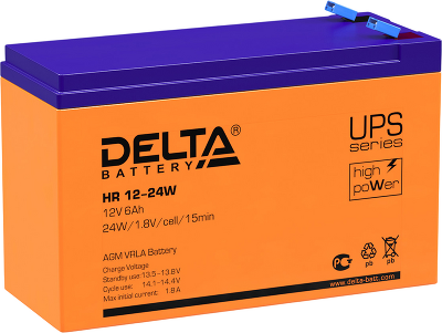 Батарея DELTA серия HR-W, HR 12-24 W, напряжение 12В, емкость 6Ач (разряд 20 часов), макс. ток разряда (5 сек.) 90А, макс. ток заряда 1.8А, свинцово-кислотная типа AGM, клеммы F2, ДxШxВ 151х52х94мм., вес 2.18кг., срок службы 8 лет./ Battery DELTA series H