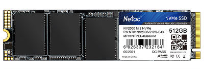 SSD накопитель Netac SSD NV2000 512GB PCIe 3 x4 M.2 2280 NVMe 3D NAND, R/W up to 2500/1950MB/s, IOPS(R4K) 130K/250K, TBW 300TB, 5y wty