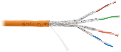 Кабель NIKOMAX S/FTP 4 пары, Кат.6 (Класс E), тест по ISO/IEC, 250МГц, одножильный, BC (чистая медь), 23AWG (0,55мм), полимерный материал нг(А)-HF, внутренний, оранжевый, 305м - гарантия: 5 лет / 15 лет системная