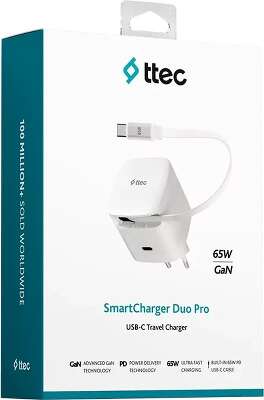 Сетевое зарядное устройство TTEC SmartCharger Duo GAN 65W PD Travel Fast Charger USB-C со встроенным кабелем PD 65W USB-C. Длина кабеля: 70см. Цвет: белый