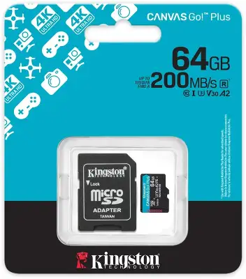 Карта памяти 64 Гб Micro SDXC Kingston Canvas Go Plus G4, Class 10 UHS-I U3 V30 [SDCG4/64GB], с адаптером