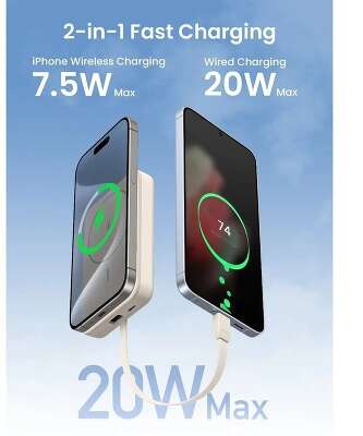 Внешний аккумулятор UGREEN PB760 (35341) 10000mAh MIni Magnetic Wireless 20W Power Bank со встроенным кабелем
