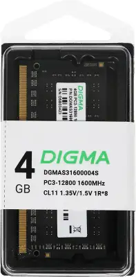 Память DDR3 4GB 1600MHz Digma DGMAS31600004S RTL PC3-12800 CL11 SO-DIMM 204-pin 1.35В single rank Ret