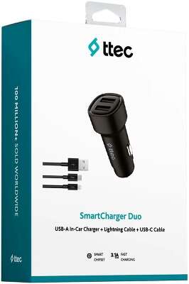 Автомобильное зарядное устройство USB-A c кабелями Lightning и USB-C. Цвет: черный