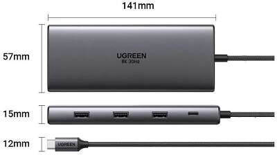 Конвертер UGREEN CM639 (15534) Revodok Pro 10-in-1 8K@30Hz USB-C to 1*USB3.0&2*USB2.0&USB-C3.0&2*HDMI&RJ45 Gigabit&SD&TF&PD. Цвет: серый