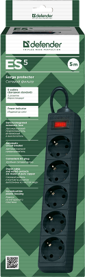 Сетевой фильтр Defender ES 5 5 м, черный, 5 розеток/ Surge Protector Defender ES 5 5m, black, 5 outlets