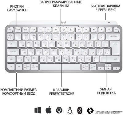 Клавиатура Logitech MX Keys Mini серебристый USB беспроводная BT/Radio LED (920-010502)