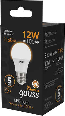 Лампа светодиодная Gauss A60 12Вт цок.:E27 шар 220B св.свеч.бел.теп. A60 (упак.:10шт) (102502112)