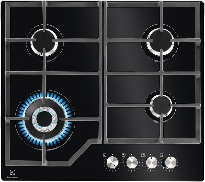 Встраиваемые газовые панели ELECTROLUX/ Газовая варочная поверхность - газ на стекле, 2 чугунных держателя, газконтроль варочной поверхности, интегрированный автоподжиг варочной поверхности, конфорки: Конфорка ускоренного нагрева, средней мощности, Конфор