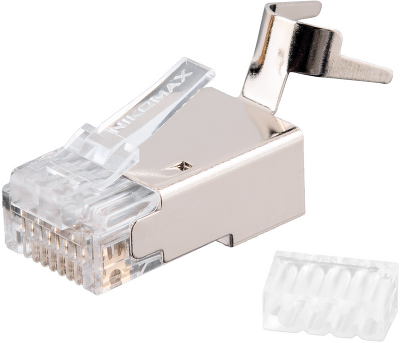 Коннектор NIKOMAX RJ45/8P8C под витую пару, Кат.6(Класс E), 250МГц, покрытие 50мкд, универсальные ножи, экранированный, со вставкой, с хвостовиком, круглый ввод, уп-ка 100шт.