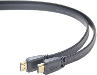 Кабель HDMI Cablexpert CC-HDMI4F-1M, 1м, v1.4, 19M/19M, плоский кабель, черный, позол.разъемы, экран, пакет