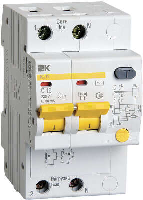 Выключатель автом. дифф. тока IEK MAD10-2-016-C-030 АД12 16A тип C 4.5kA 30мА AC 2П 230В 3мод белый (упак.:1шт)