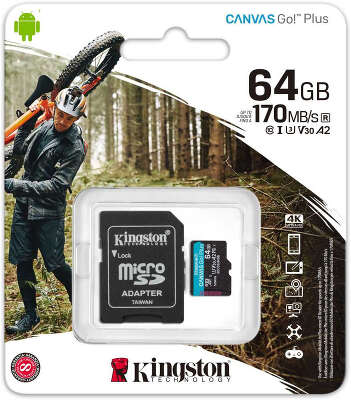 Карта памяти 64 Гб Micro SDXC Kingston Class 10 UHS-I U3 V30 Canvas Go! Plus [SDCG3/64GB], с адаптером