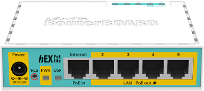 Маршрутизатор MikroTik hEX PoE lite with 650MHz CPU, 64MB RAM, 5xLAN (four with PoE out), USB, RouterOS L4, plastic case and PSU
