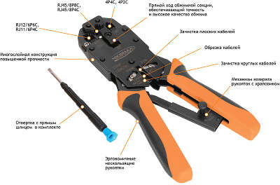 Устройство обжимное профессиональное RJ45,8P8C, RJ12,6P6C, RJ11,6P4C, 4P4C, 4P2C	 NMC-2008AR