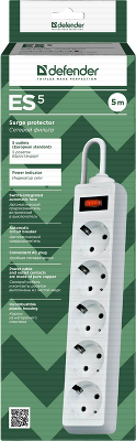 Сетевой фильтр Defender ES 5 5 м, белый, 5 розеток/ Surge Protector Defender ES 5 5m, white, 5 outlets