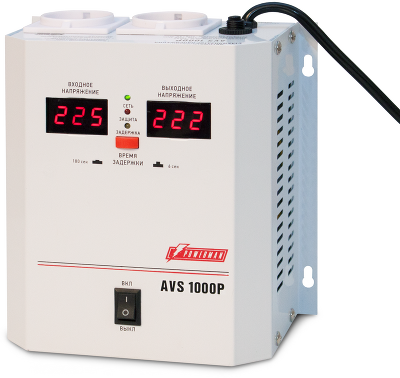 Стабилизатор POWERMAN AVS 1000P, ступенчатый регулятор, цифровые индикаторы уровней напряжения, 1000ВА, 110-260В, максимальный входной ток 7А, 2 евророзетки, IP-20, навесной, 185мм х 170мм х 100мм, 3.5 кг./ Stabilizer POWERMAN AVS 1000P, step-type regulat