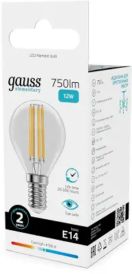 Лампа филам. Gauss Filament 12Вт цок.:E14 шар 220B св.свеч.бел.нейт. (упак.:10шт) (52122)