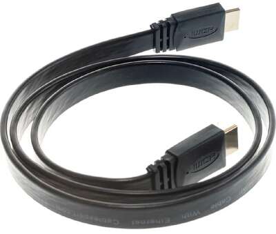 Кабель HDMI Cablexpert CC-HDMI4F-1M, 19M/19M, v2.0, медь, позол.контакты, экран, плоский кабель, 1м, черный, пакет