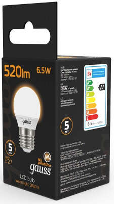 Лампа светодиодная Gauss Black 6.5Вт цок.:E27 шар 220B св.свеч.бел.теп. G45 (упак.:10шт) (105102107)