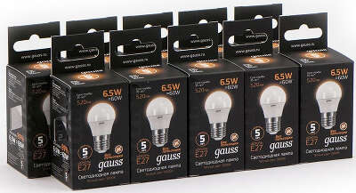 Лампа светодиодная Gauss Black 6.5Вт цок.:E27 шар 220B св.свеч.бел.теп. G45 (упак.:10шт) (105102107)